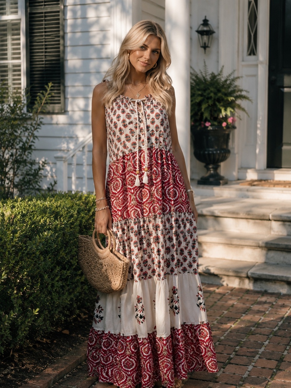 Chelsea & Theodore Block Print Tiered Maxi Dress